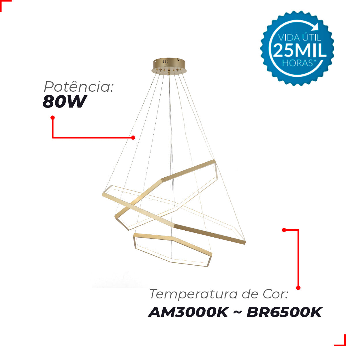 Pendente Led Sofia 80w 3000k/6500k IP20 Bivolt Dourado Avant