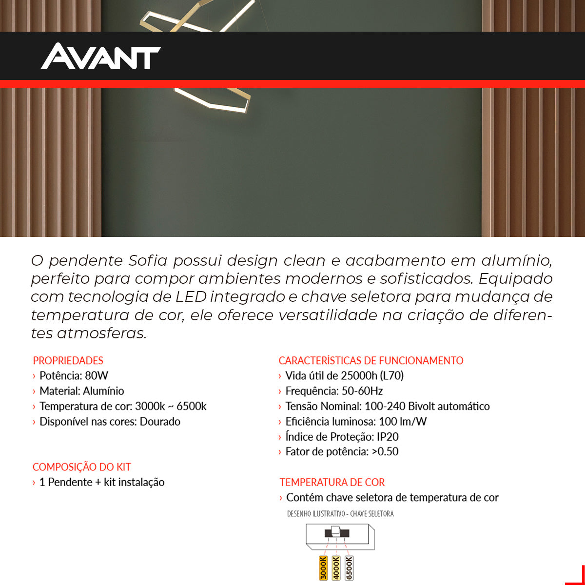 Pendente Led Sofia 80w 3000k/6500k IP20 Bivolt Dourado Avant