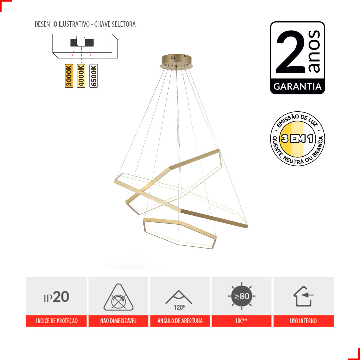 Pendente Led Sofia 80w 3000k/6500k IP20 Bivolt Dourado Avant