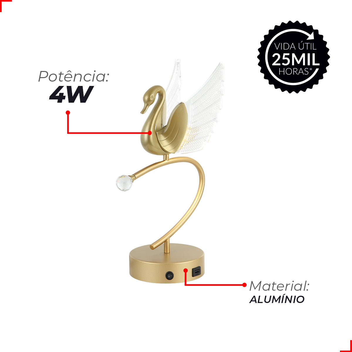 Luminária De Mesa Cisne Led 4w Avant Bivolt | Abajur Dourado Para Quarto, Sala Ou Escritório Branco 5v