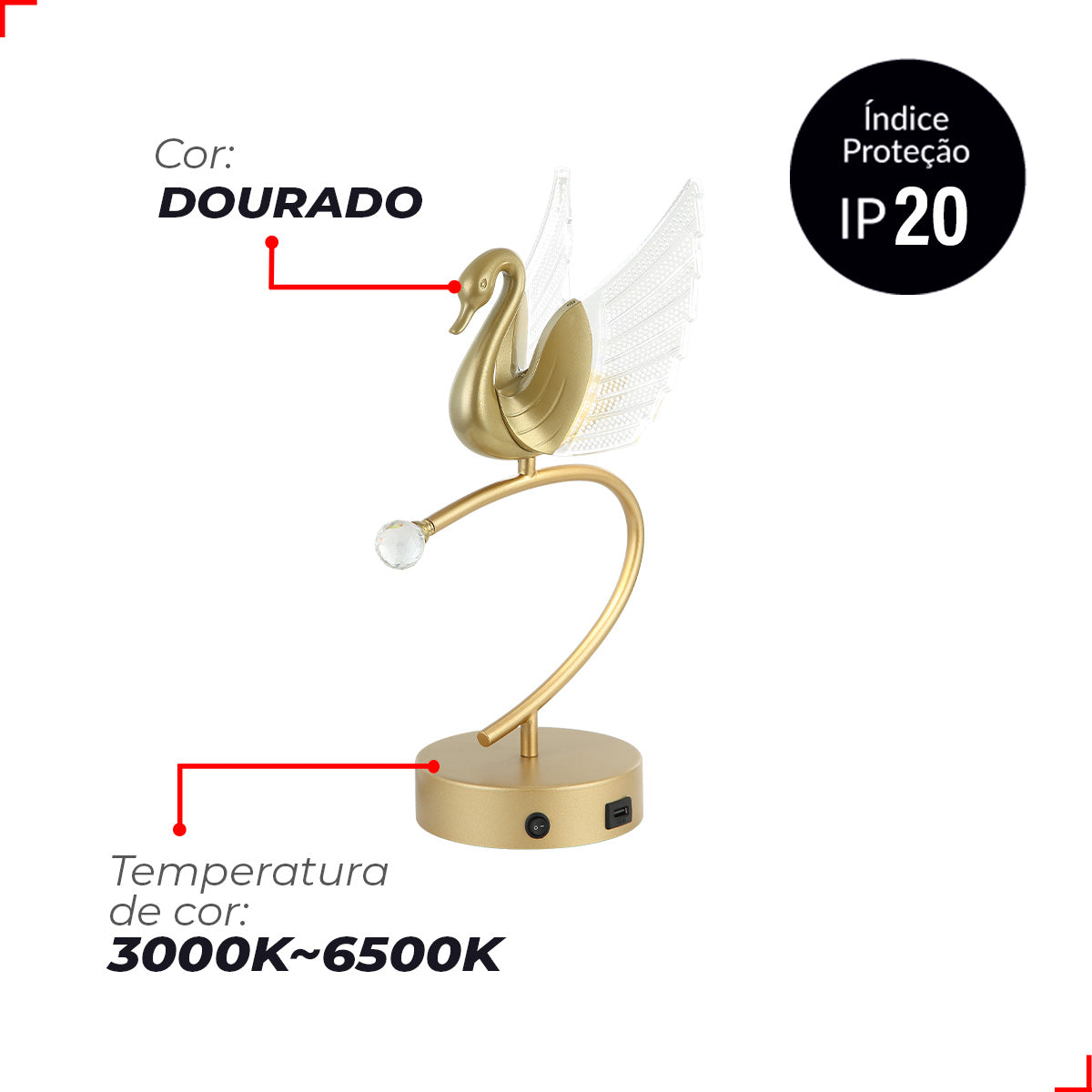 Luminária De Mesa Cisne Led 4w Avant Bivolt | Abajur Dourado Para Quarto, Sala Ou Escritório Branco 5v