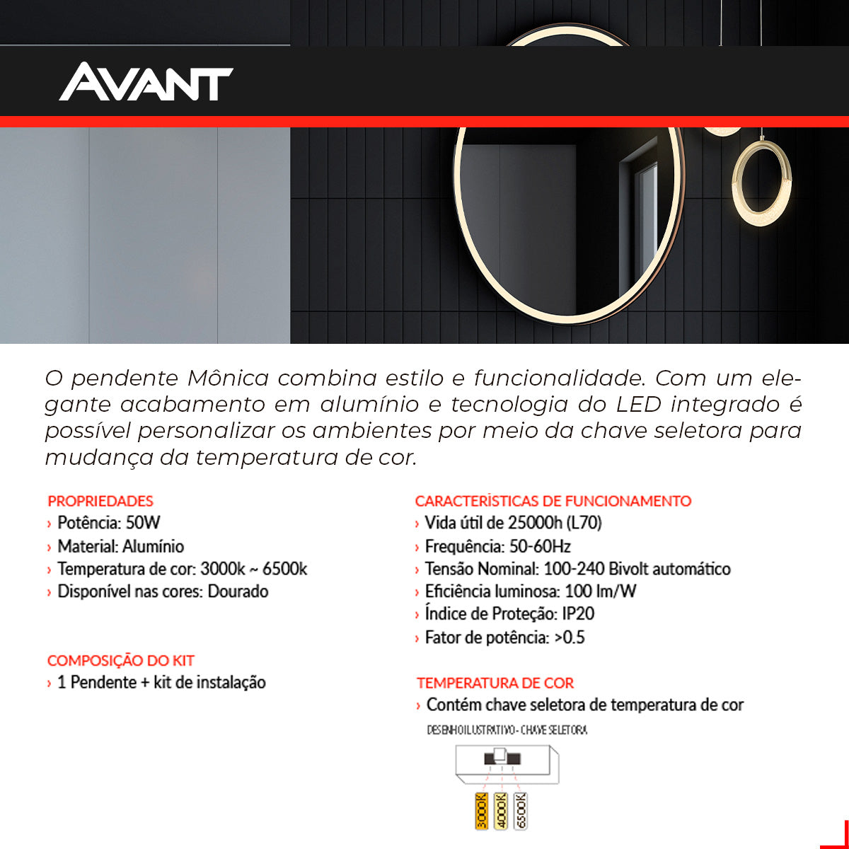 Pendente Led Monica 5w 3000K/6500K IP20 Bivolt Dourado Avant