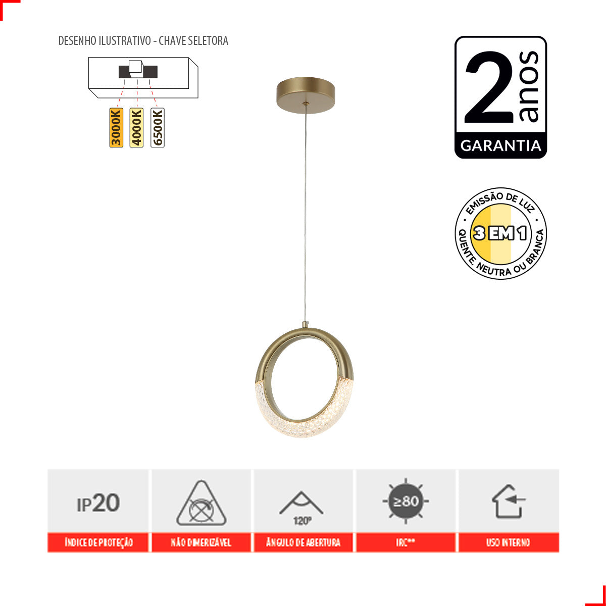 Pendente Led Monica 5w 3000K/6500K IP20 Bivolt Dourado Avant
