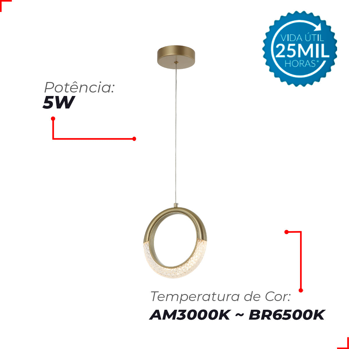 Pendente Led Monica 5w 3000K/6500K IP20 Bivolt Dourado Avant