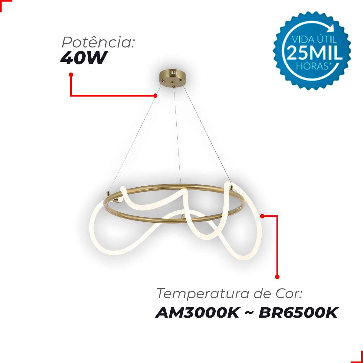 Pendente Led Valentina 40w 3000k/6500k IP20 Bivolt Dourado Avant