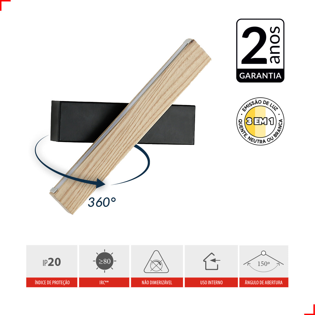 Arandela Led Kavas Liner 6W 6500k Branco Frio IP20 Bivolt Madeira Crua Avant