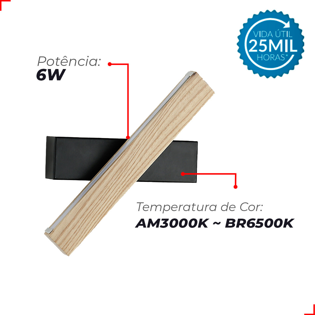 Arandela Led Kavas Liner 6W 6500k Branco Frio IP20 Bivolt Madeira Crua Avant