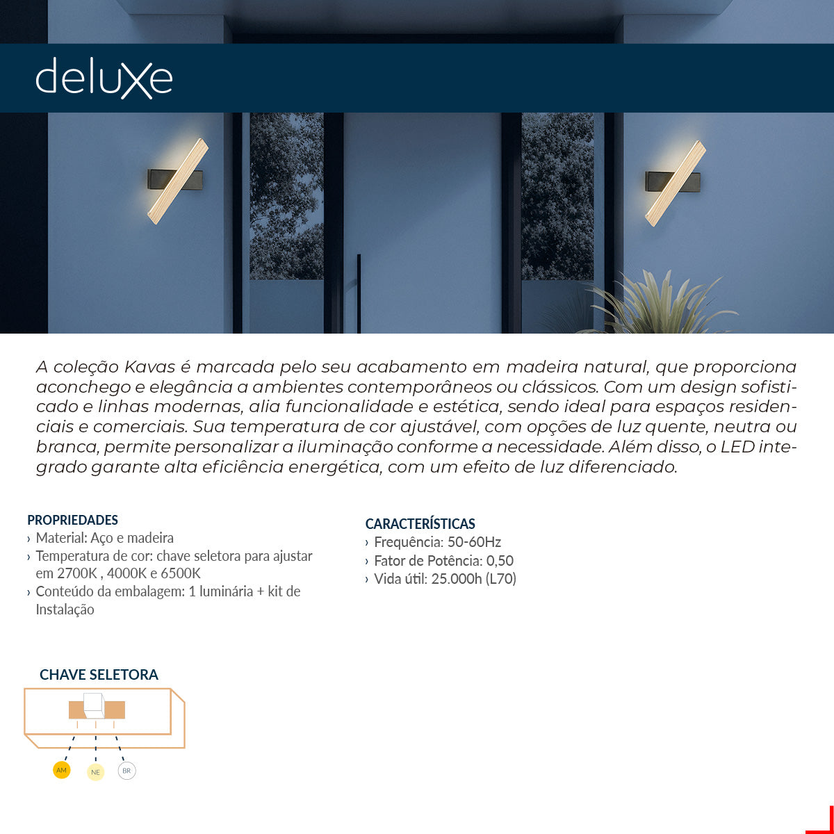 Arandela Led Kavas Liner 6W 6500k Branco Frio IP20 Bivolt Madeira Crua Avant