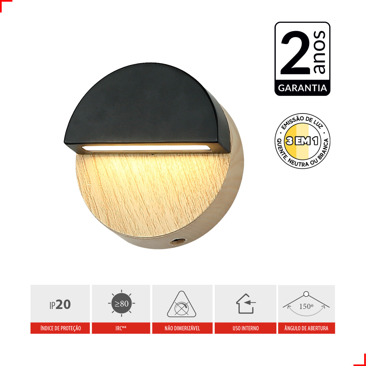 Arandela Led Kavas Round 6W 6500k Branco Frio IP20 Bivolt Preto Avant