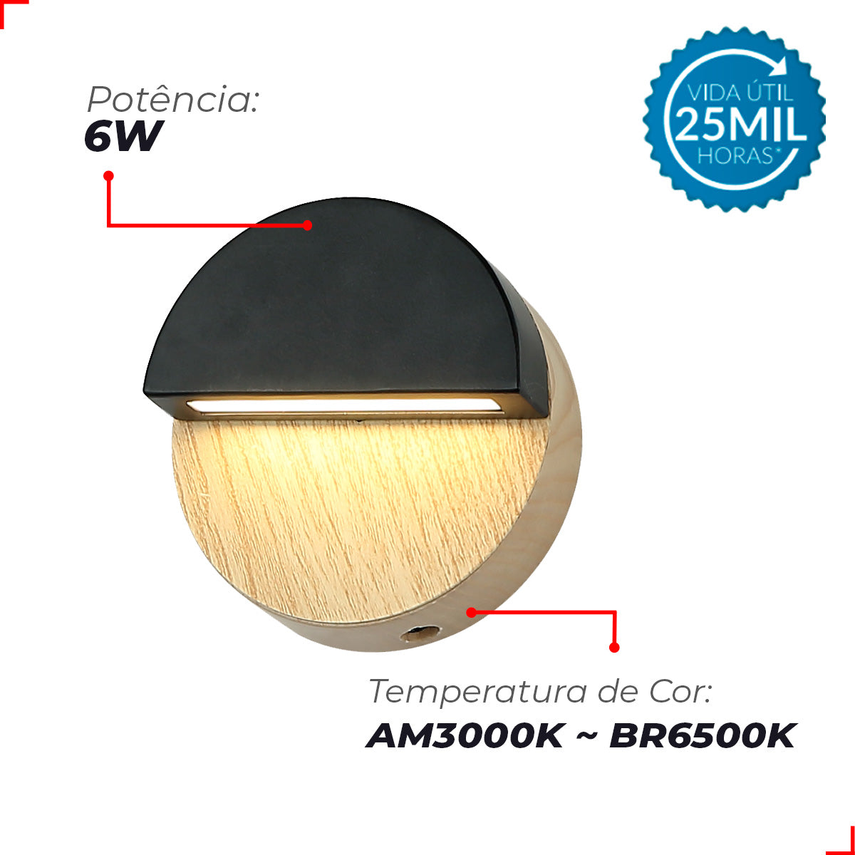Arandela Led Kavas Round 6W 6500k Branco Frio IP20 Bivolt Preto Avant