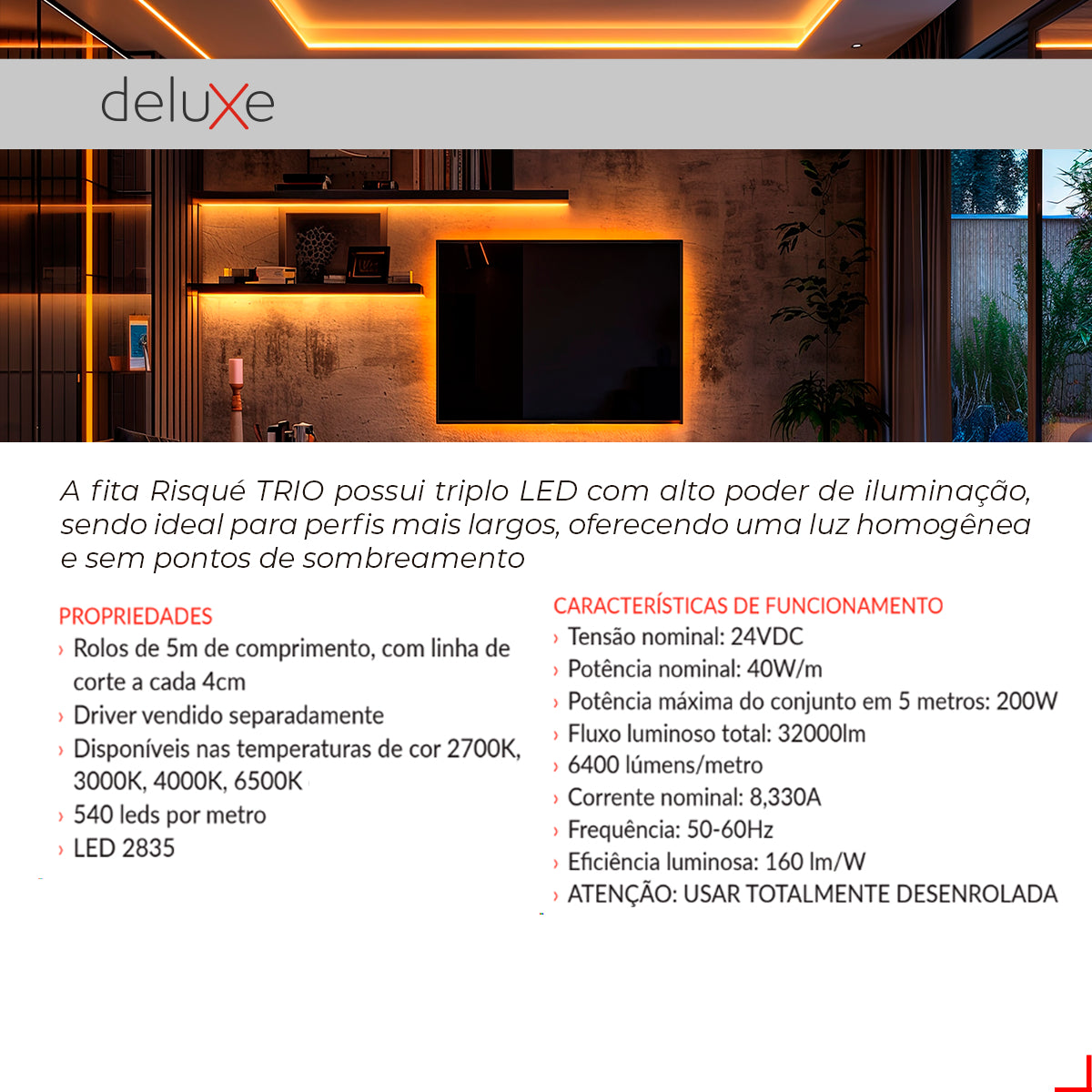 Fita Led Risque Trio 40w 4000k Branco Neutro 5 Metros 24v Ip20 540 Leds/m Cod: 297030849 Deluxe By Avant