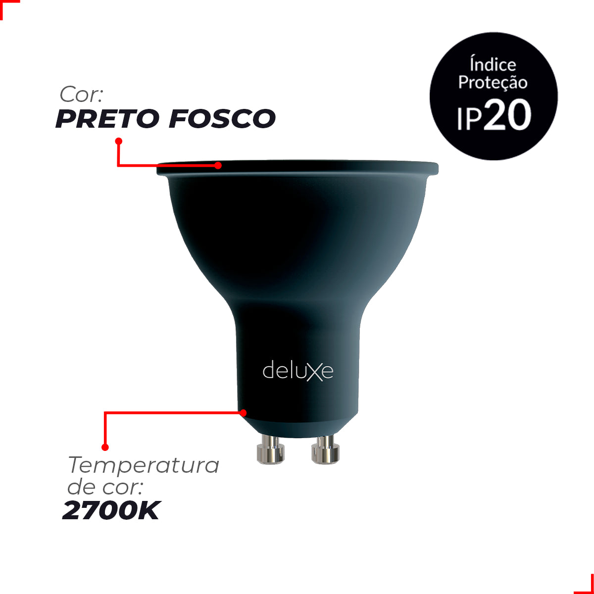 Lâmpada Led Dicróica MR16 4,8w 2700k Branco Quente GU10 IP20 Bivolt Preto Avant