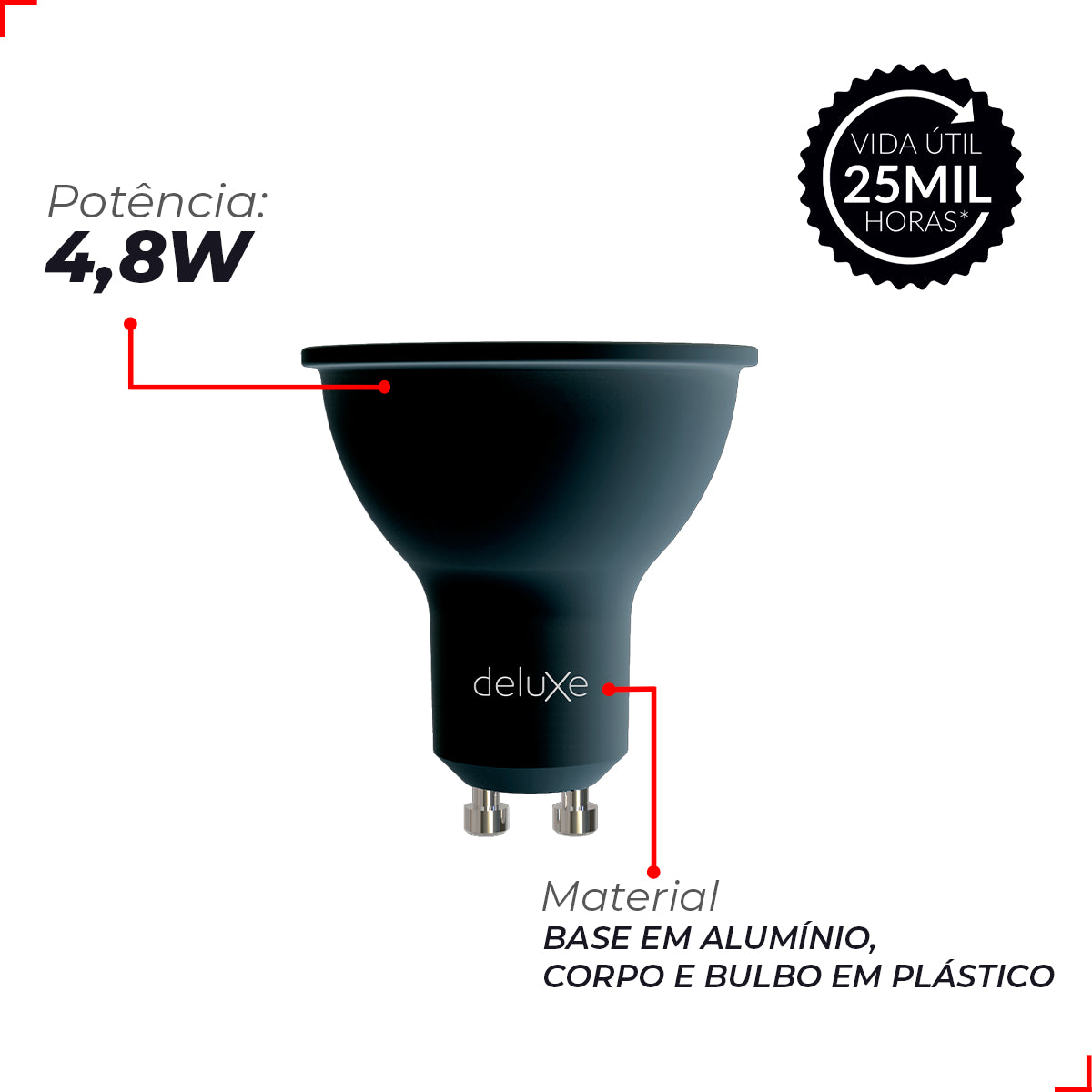 Lâmpada Led Dicróica Mr16 4,8w 6500k Branco Frio Gu10 IP20 Bivolt Preto Avant