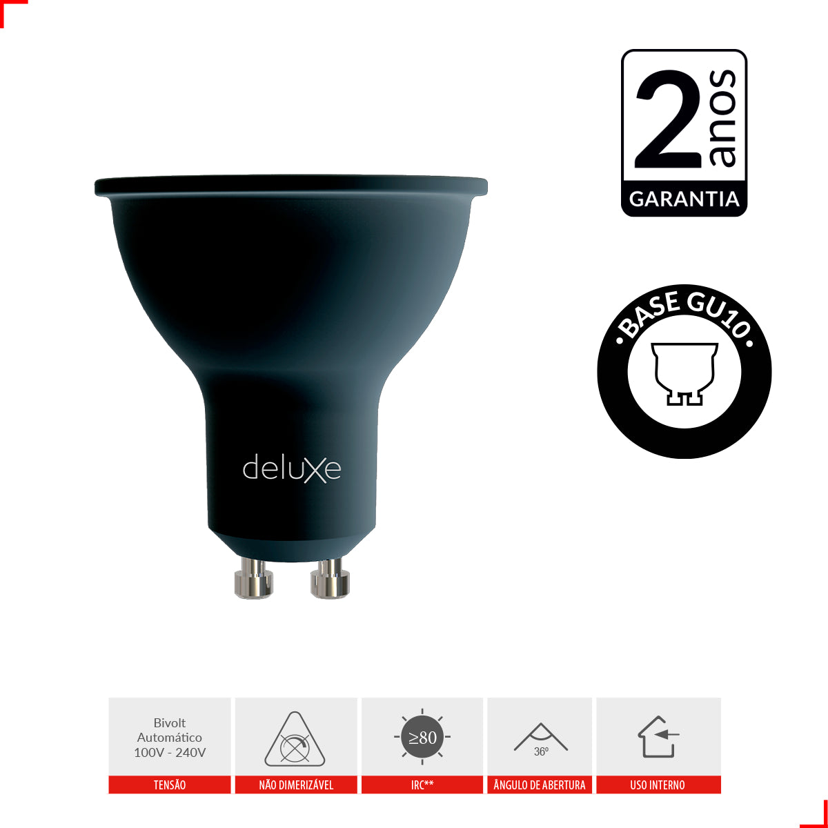 Lâmpada Led Dicróica Mr16 4,8w 6500k Branco Frio Gu10 IP20 Bivolt Preto Avant