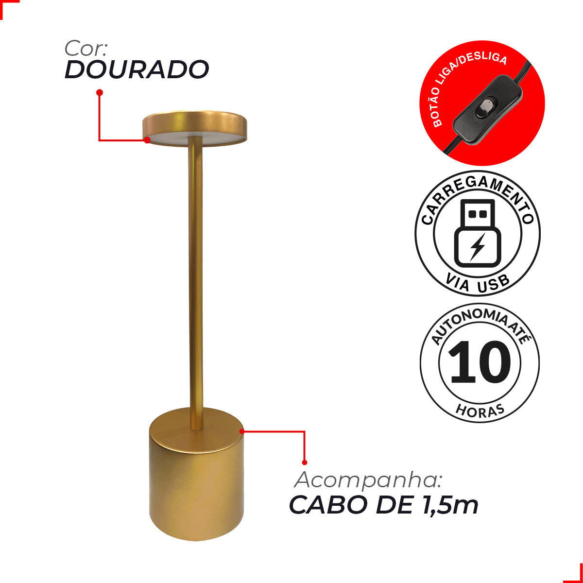 Luminária de Mesa Led Lumus Sem Fio 4w 2700K/6500K Bivolt IP20 Bivolt Dourado Avant