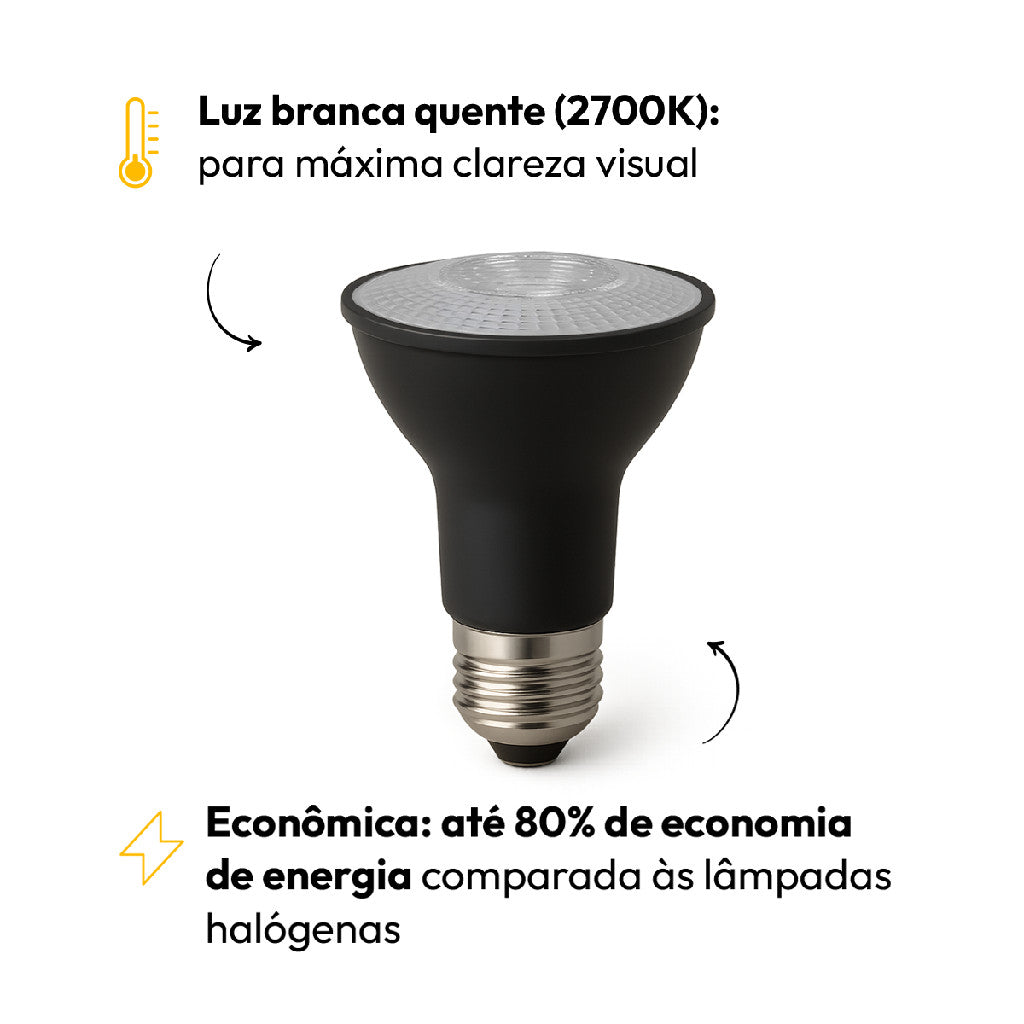 Lâmpada Led Par20 7w 2700K Branco Quente E27 IP65 Bivolt Preto Avant