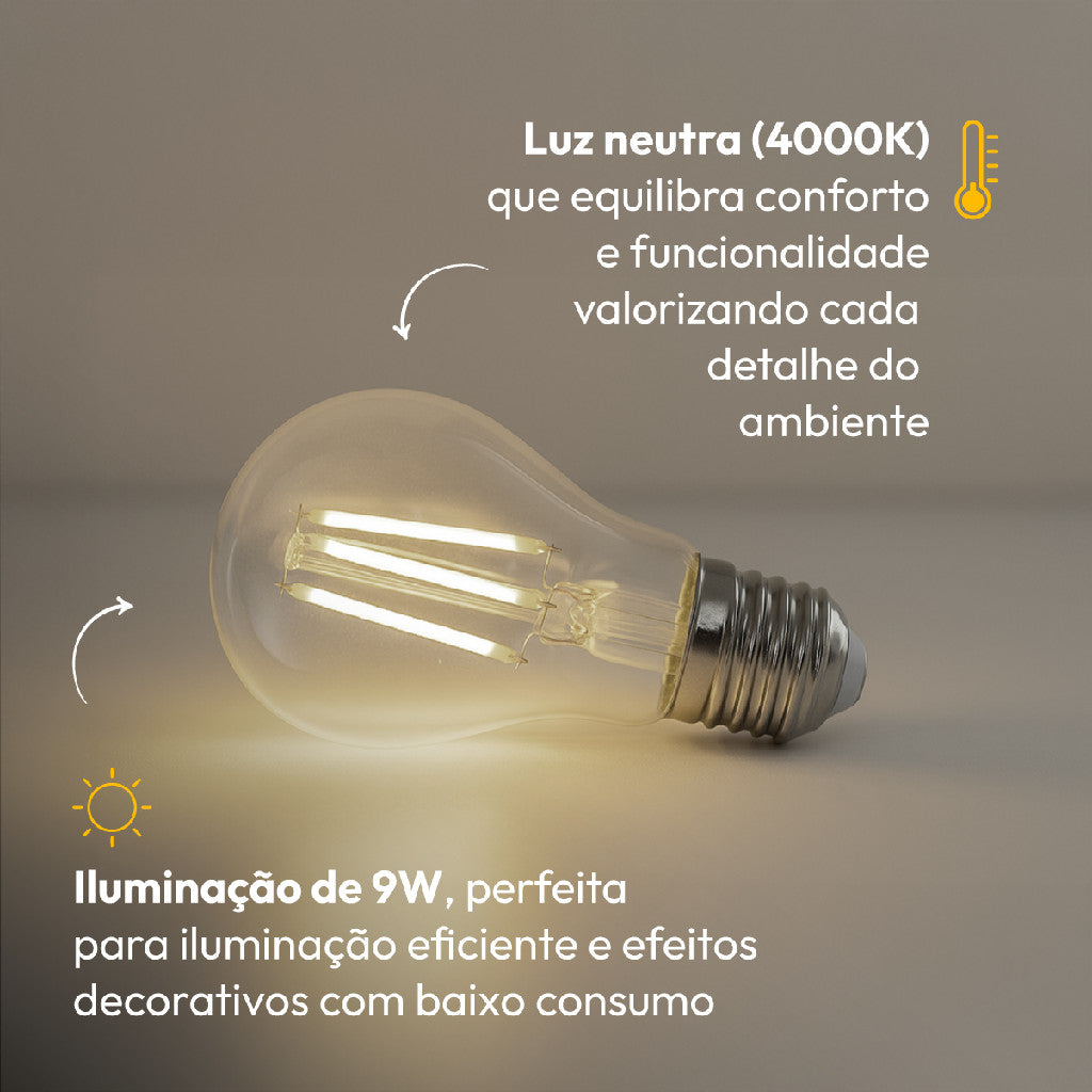 Lampada Led Pera Filamento Clear 9W 900lm 4000k E27 Deluxe