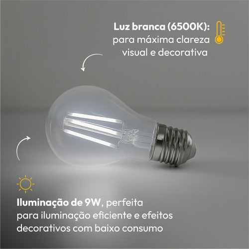 LÂMPADA PERA FILAMENTO CLEAR LED, 9W, EMISSÃO DE LUZ BRANCA 6500K, BIVOLT, AVANT