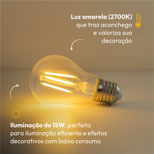 LÂMPADA PERA FILAMENTO CLEAR LED, 15W, EMISSÃO DE LUZ AMARELA 2700K, BIVOLT, AVANT