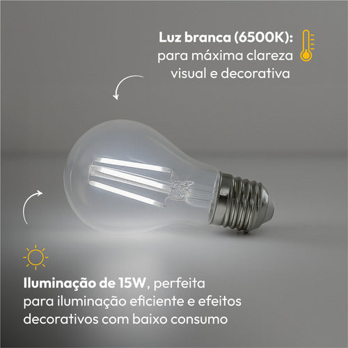 LÂMPADA PERA FILAMENTO CLEAR LED, 15W, EMISSÃO DE LUZ BRANCA 6500K, BIVOLT, AVANT
