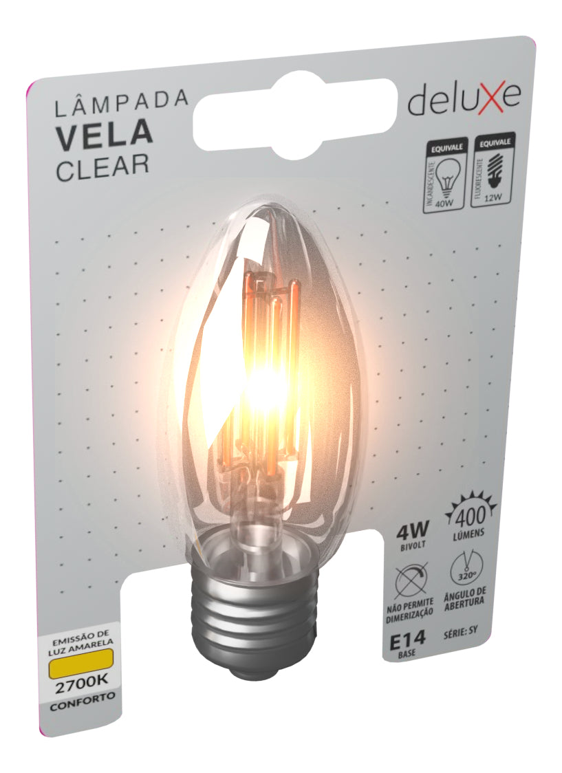 Lampada Led Vela Filamento Clear 4w 2700k Branco Quente E14 Cod: 351070374 Deluxe By Avant 127/220v
