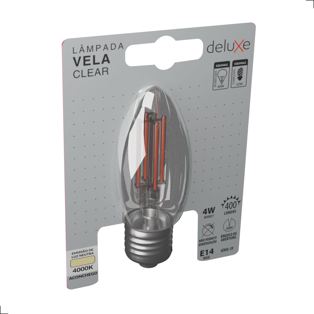 Lampada Led Vela Filamento Clear 4w 4000k Branco Neutro E14 Bivolt Deluxe
