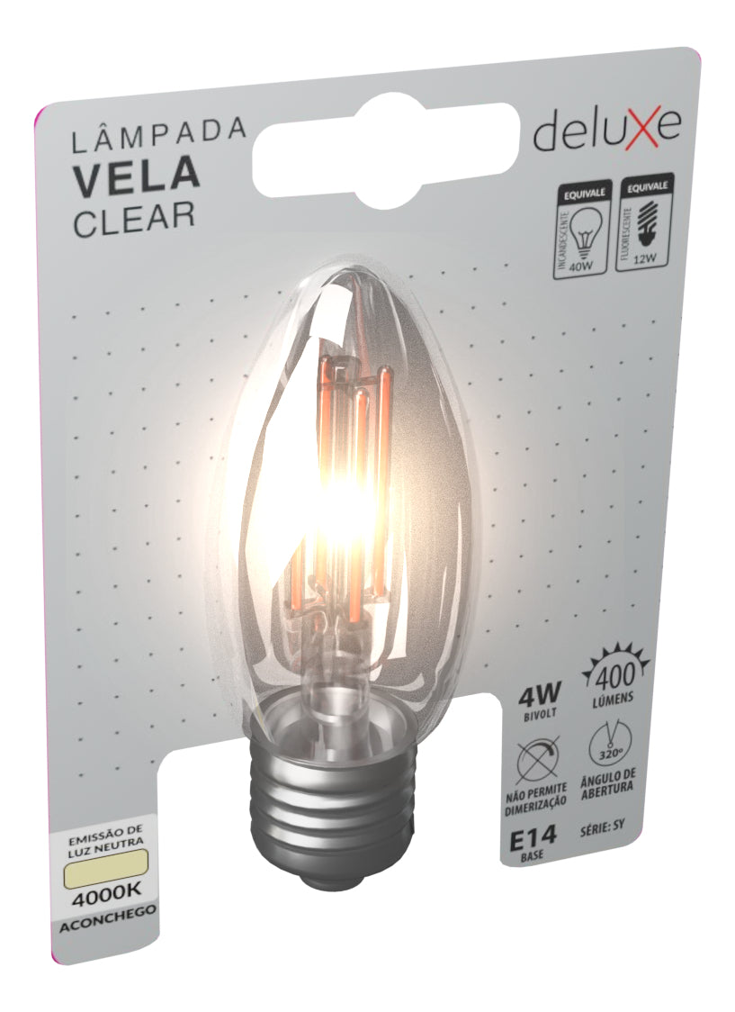 Lampada Led Vela Filamento Clear 4w 4000k Branco Neutro E14 Bivolt Deluxe