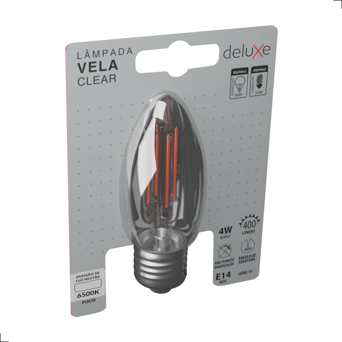 Lampada Led Vela Filamento Clear 4W 400lm 6500K E14 Deluxe