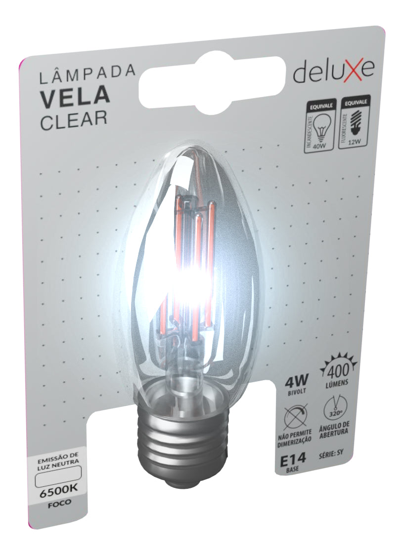 Lampada Led Vela Filamento Clear 4W 400lm 6500K E14 Deluxe