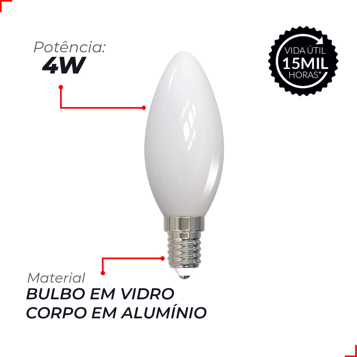 Lampada Led Vela Filamento Lac 4w 4000k Branco Neutro E14 Bivolt Deluxe