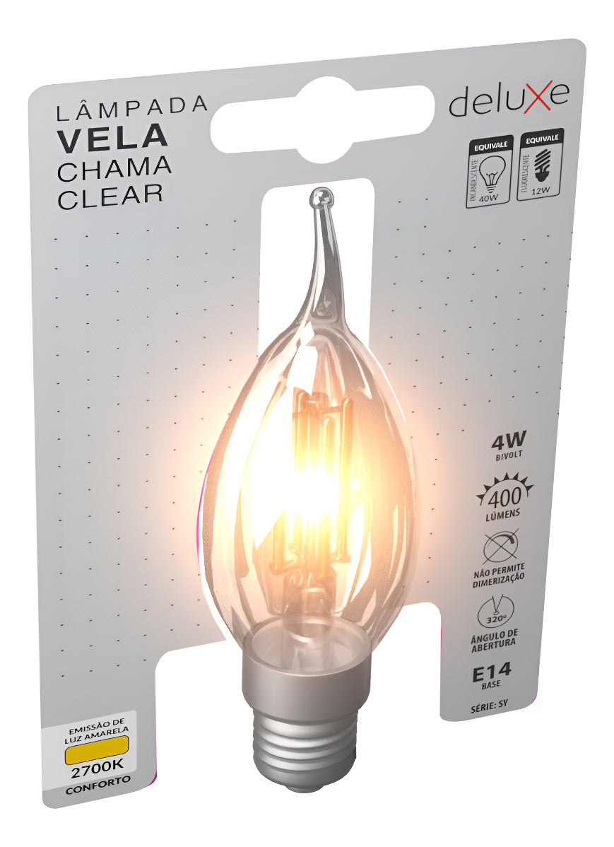 Lampada Led Vela Filamento Chama Clear 4w 2700k Branco Quente E14 Cod: 351160372 Deluxe By Avant 127/220v