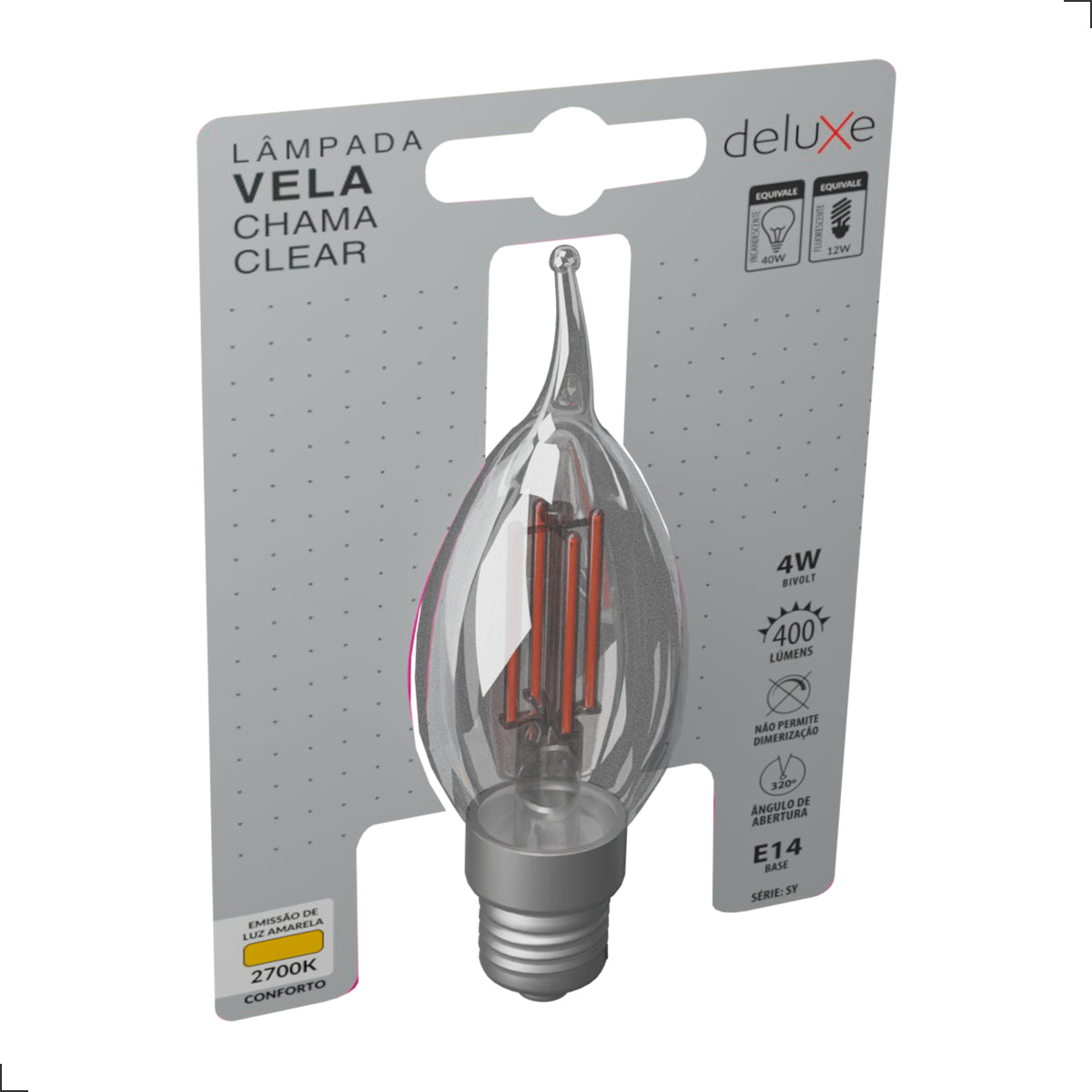 Lampada Led Vela Filamento Chama Clear 4w 2700k Branco Quente E14 Cod: 351160372 Deluxe By Avant 127/220v