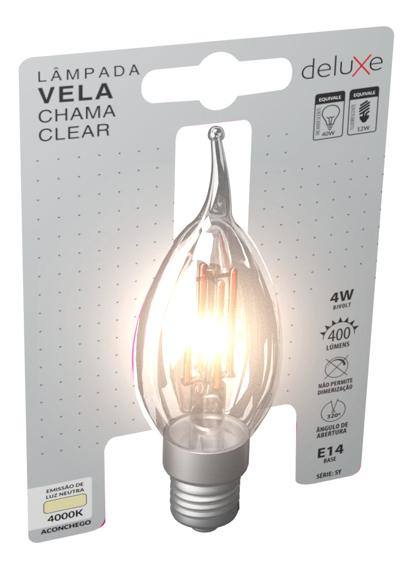 Lampada Led Vela Filamento Chama Clear 4w 4000k Branco Neutro E14 Cod: 351170876 Deluxe By Avant 127/220v