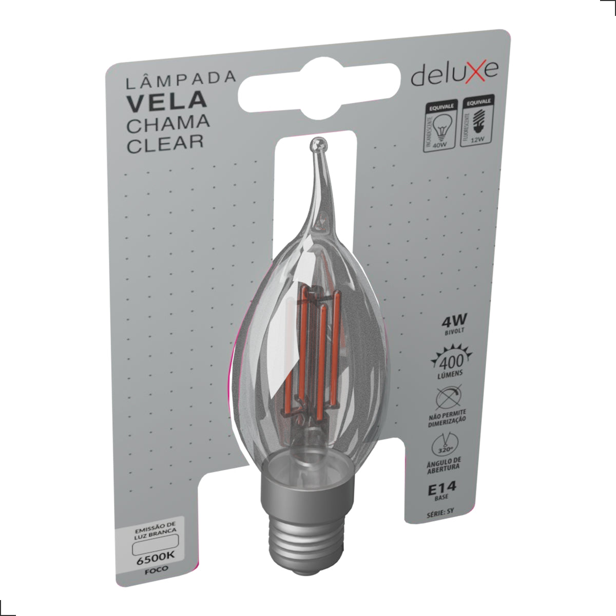 Lampada Led Vela Filamento Chama Clear 4W 6500K E14 Deluxe