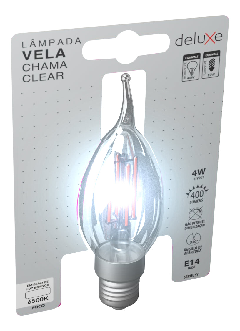 Lampada Led Vela Filamento Chama Clear 4W 6500K E14 Deluxe