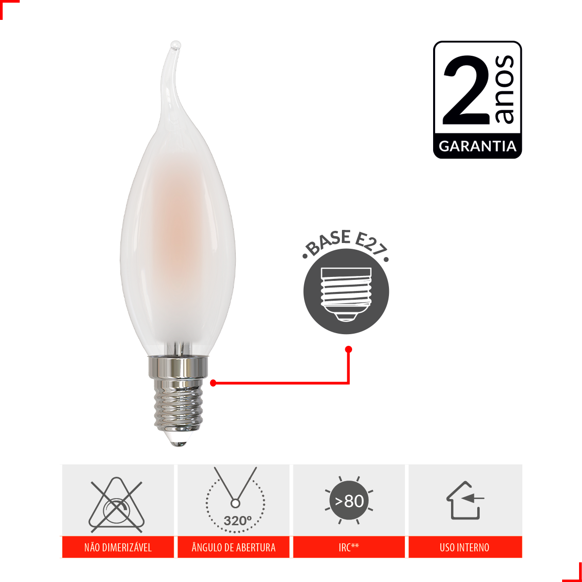 Lampada Led Vela Filamento Chama Matte 4w 2700k Branco Quente E14 Bivolt Deluxe