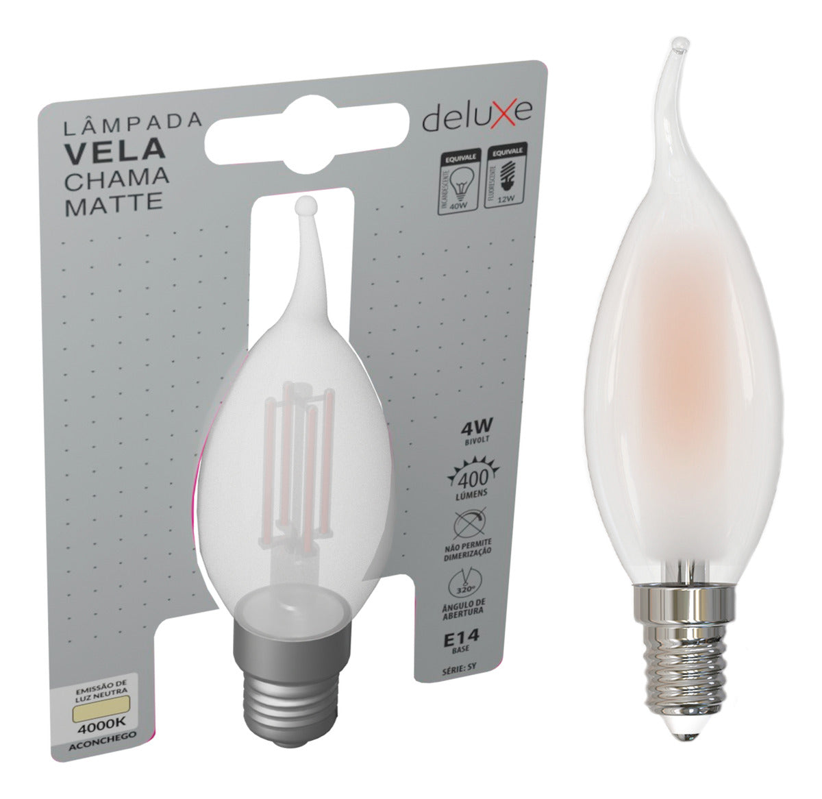 Lampada Led Vela Filamento Chama Matte 4w 4000k E14 Deluxe