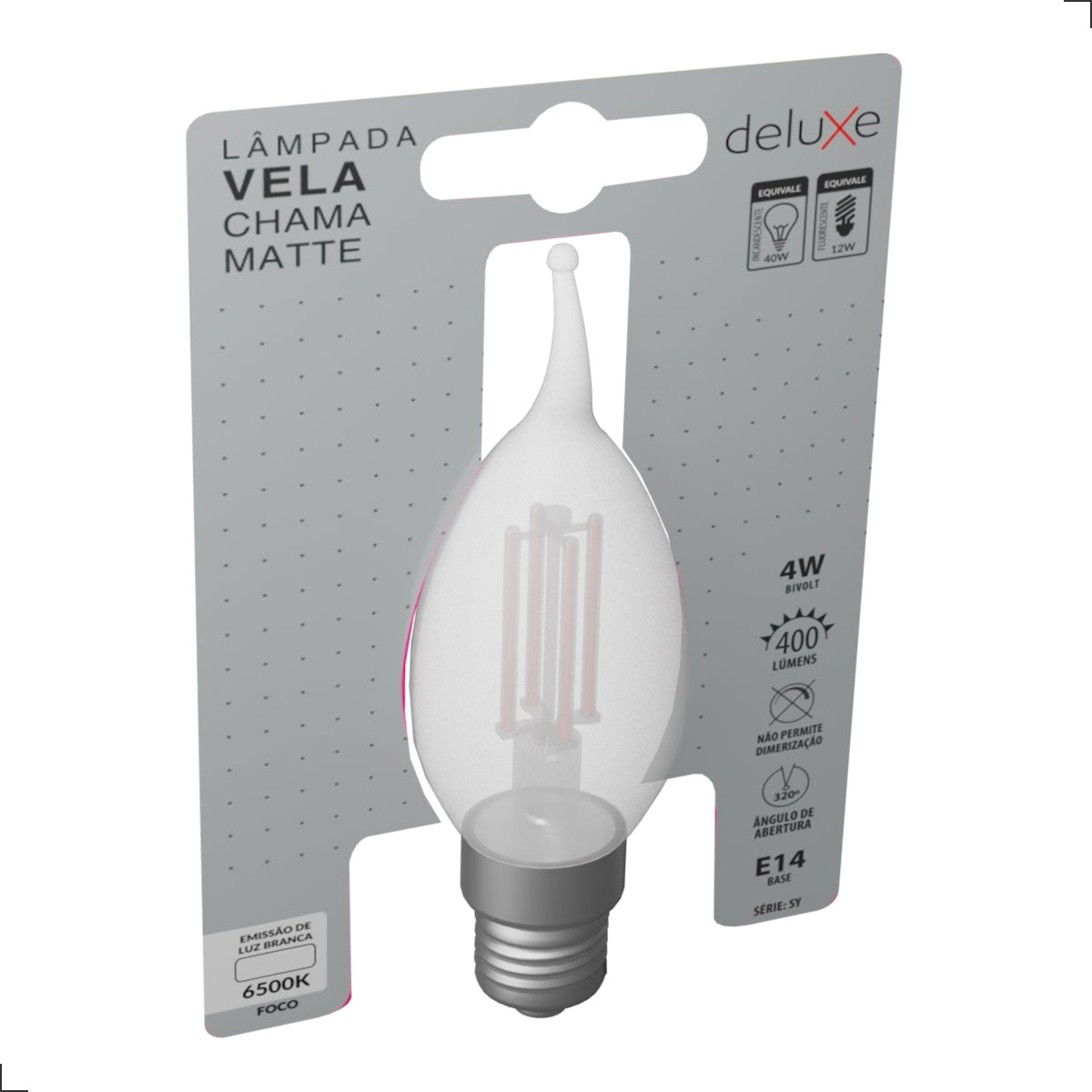 Lampada Led Vela Filamento Chama Matte 4w 6500k Branco Frio E14 Ip20 Cod: 351211371 Deluxe By Avant 127/220v