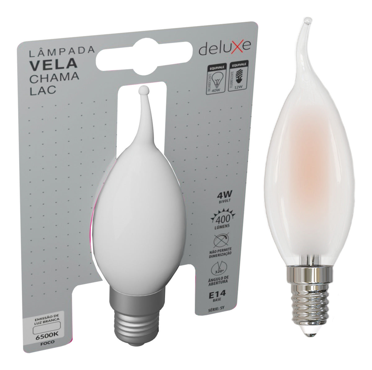 Lampada Led Vela Filamento Chama Matte 4w 6500k Branco Frio E14 Ip20 Cod: 351211371 Deluxe By Avant 127/220v