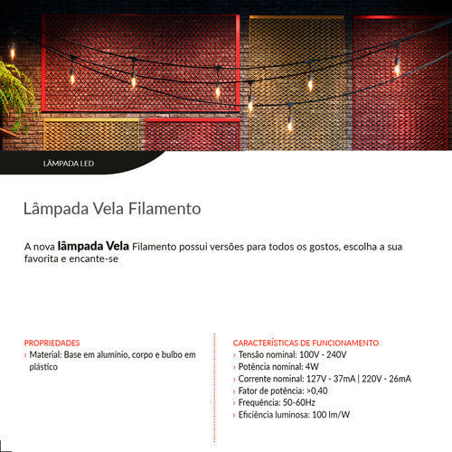 Lampada Led Vela Filamento Chama Lac 4w 6500k Branco Frio E14 Ip20 Cod: 351241378 Deluxe By Avant 127/220v
