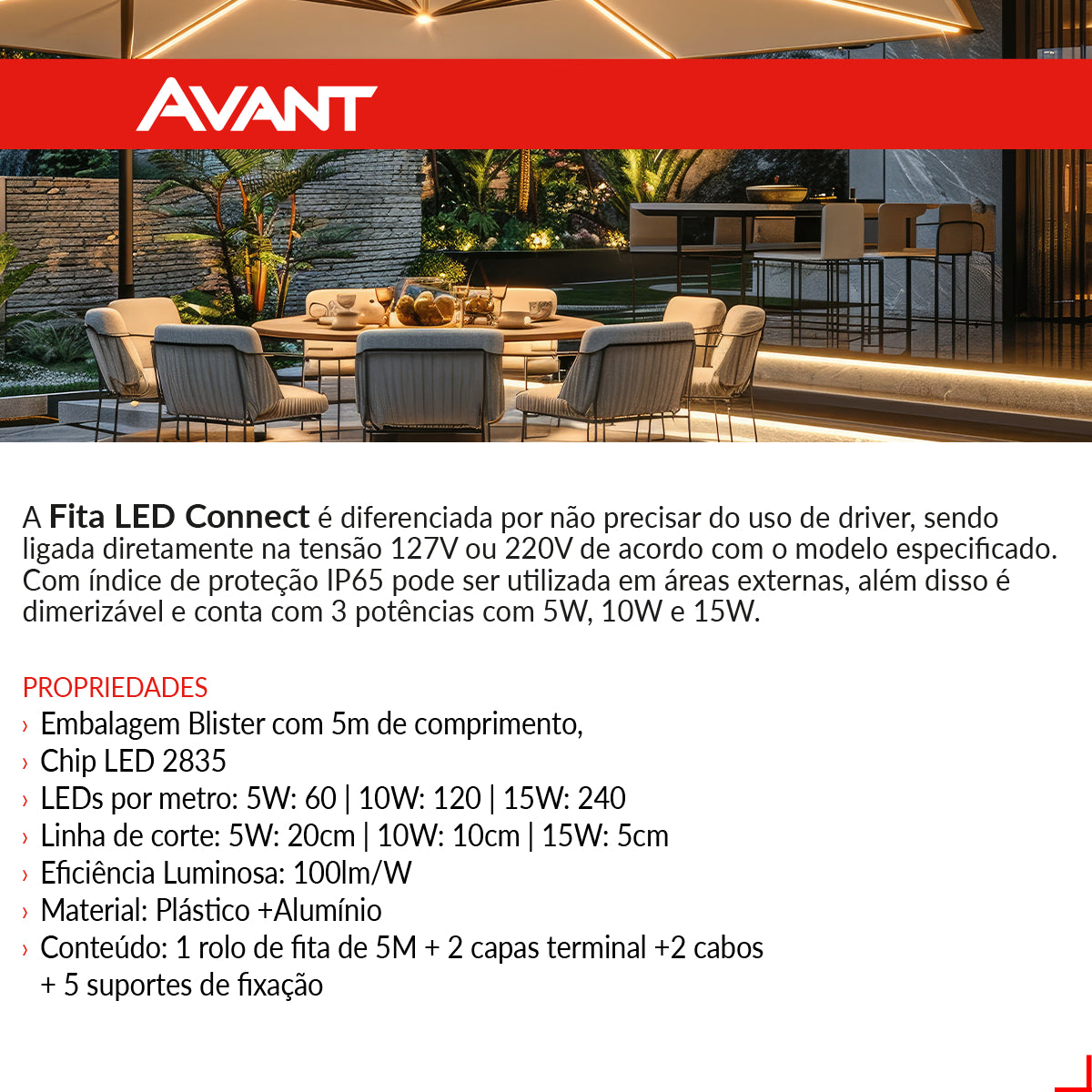 Fita Led Connect 5w 6500k Branco Frio 5 Metros 127v Tensão Direta 60 Leds/m a prova dágua Cod: 148004089 AvantA
