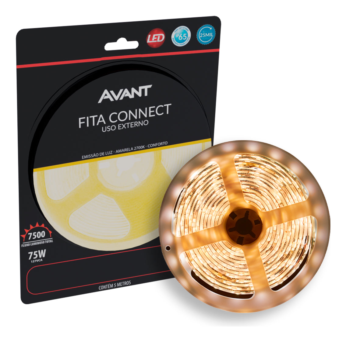 Fita Led Connect 5m 5w 10w ou 15w 2700k, 4000k ou 6500k Bivolt Tensão Direta a prova d'água Avant