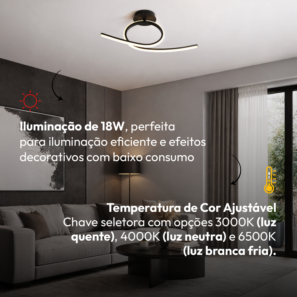 Pendente Led Plafon Eva 18w 3000k/6500k Preto Bivolt Avant