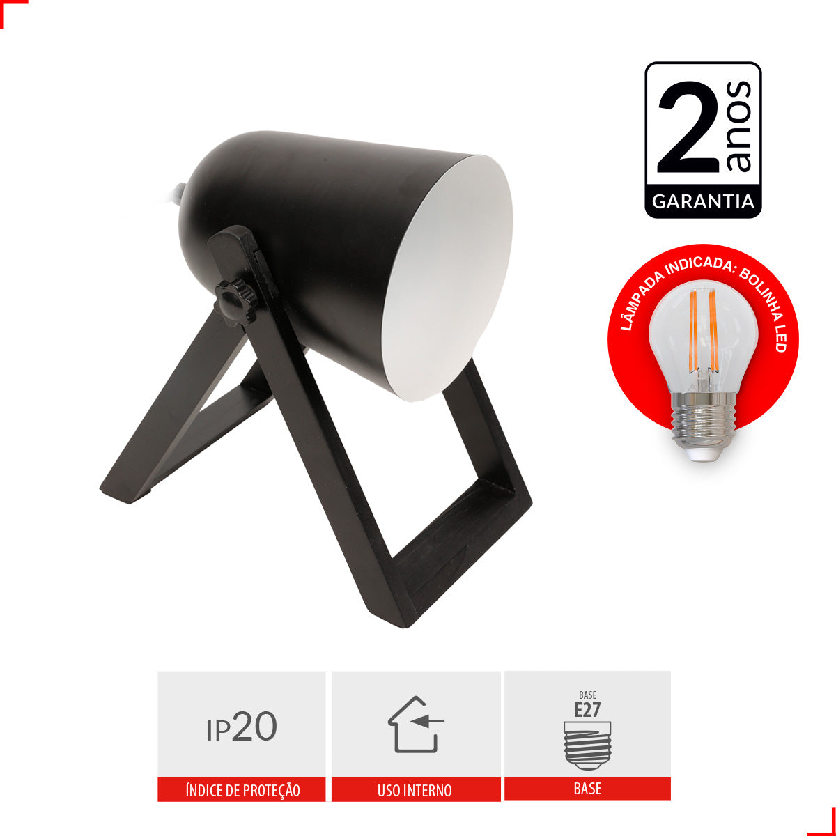 Luminária De Mesa Cannon 25w E27 IP20 Bivolt Preto Bivolt Avant