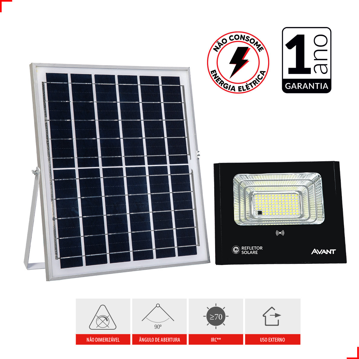 Refletor Solare Sensor Evo 60W 6500k Branco Frio Bivolt IP65 Preto Avant