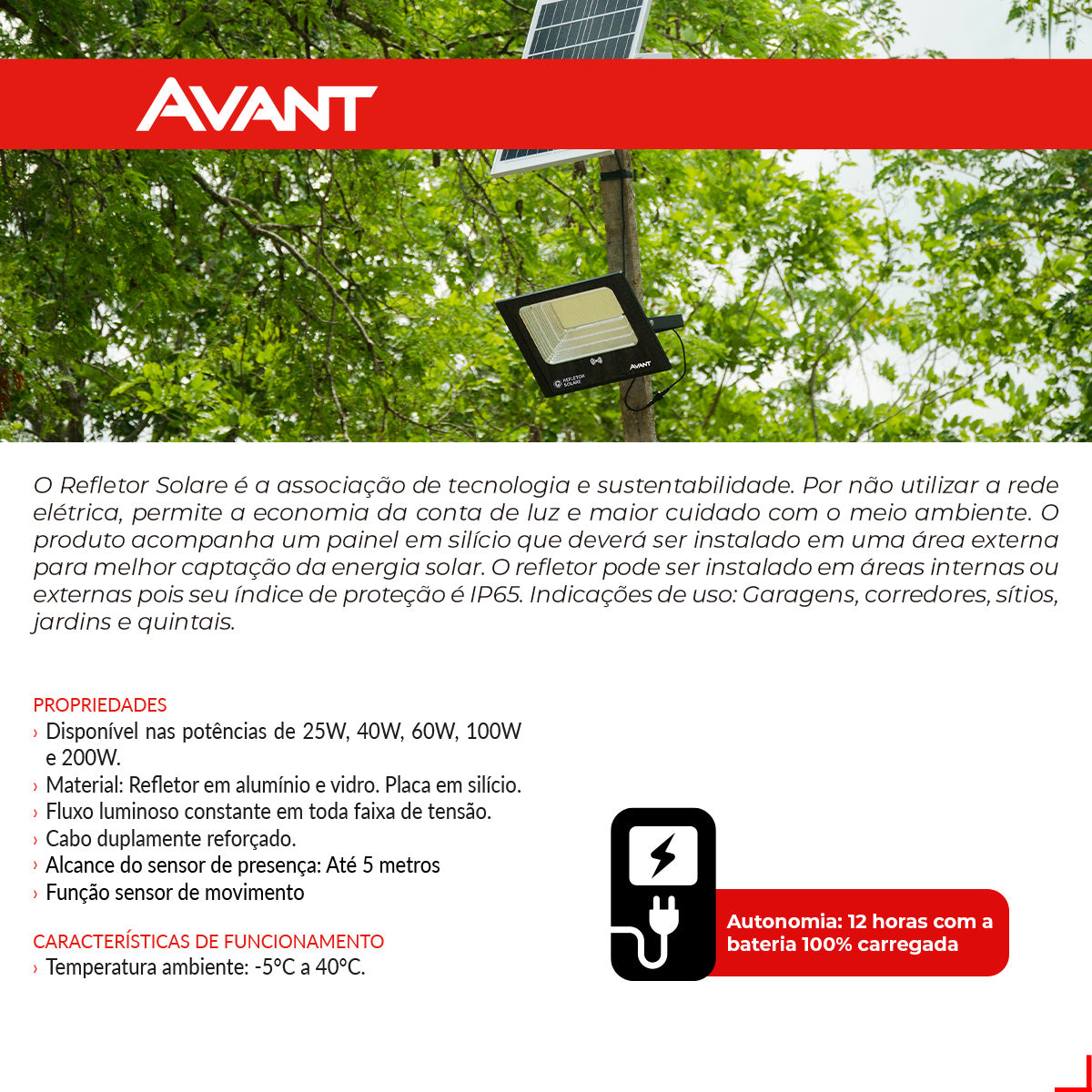 Refletor Solare Sensor Evo 60W 6500k Branco Frio Bivolt IP65 Preto Avant