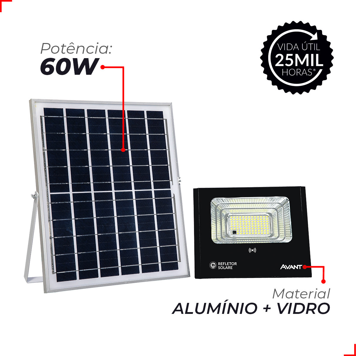 Refletor Solare Sensor Evo 60W 6500k Branco Frio Bivolt IP65 Preto Avant