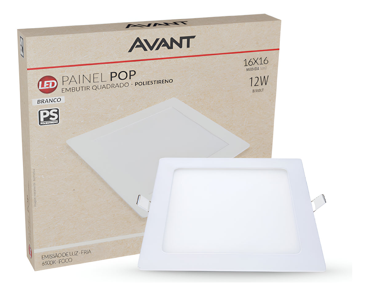 Painel Pop Embutir 12W 6500k Branco Frio Bivolt 16,3cm Quadrado Branco Avant