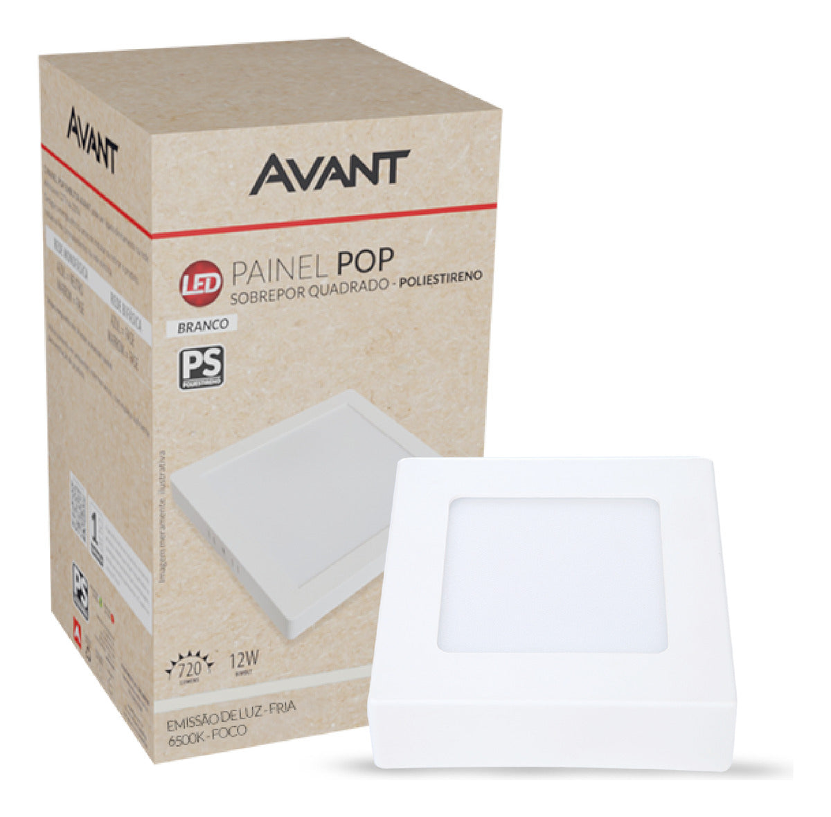 Painel Pop Sobrepor 12W 6500k Branco Frio Bivolt 15,5cm Quadrado Branco Avant