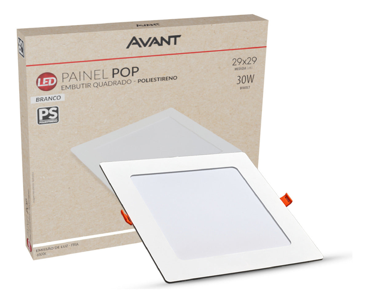 Painel Pop Embutir 30W 6500k Branco Frio Bivolt 39,5cm Quadrado Branco Avant